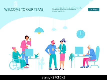 Landing webpage template of business characters working in office. Welcome to our team concept. Colleagues or clerks at workplace. Flat Art Vector ill Stock Vector