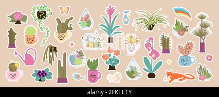 Home plant and urban jungle cute stickers set. Cute sticky labels decorated with cartoon image. Signs, symbols, objects of indoor plants and flowers. Stock Vector