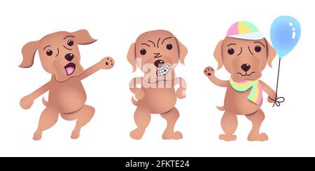 Set of Cute Labrador dog waving paw. LGBT symbol in Rainbow colored scarf and cap holding blue balloon. Puppy cartoon characters isolated. Flat Art Ve Stock Vector