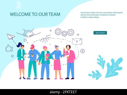 Landing webpage template of business characters working in office. Welcome to our team concept. Colleagues or clerks at workplace. Flat Art Vector ill Stock Vector