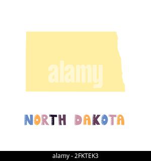 North Dakota map isolated. USA collection. Map of North Dakota - yellow silhouette. Doodling style lettering on white Stock Vector