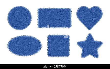 Set of denim shapes. Torn jean patches - star, heart, circle, square, oval, rectangle. Vector realistic illustration on white background Stock Vector