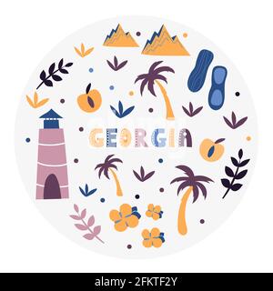 USA collection. Vector illustration of USA Georgia. State Symbols - round shape Stock Vector