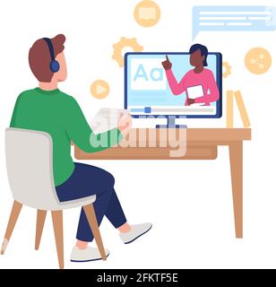 Man in headphones listen to audio course flat color vector faceless character Stock Vector