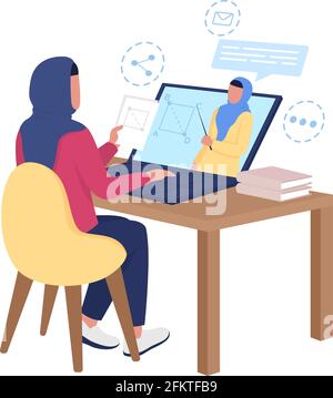 Arabian girl watching remote class on math flat color vector faceless character Stock Vector