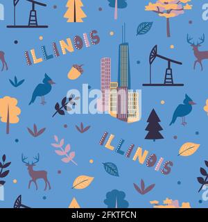 USA collection. Vector illustration of Illinois theme. State Symbols - seamless pattern Stock Vector