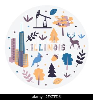 USA collection. Vector illustration of Illinois. State Symbols - round shape Stock Vector
