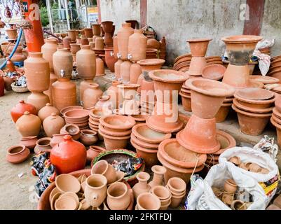 A variety of Earthen pots or clay pots for sale in the market. Stock Photo