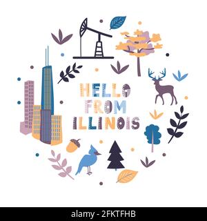 Illustrated map of the state of Illinois in United States with cities and landmarks. Editable vector illustration Stock Vector