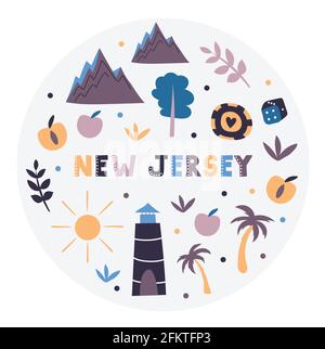 USA collection. Vector illustration of New Jersey. State Symbols - round shape Stock Vector