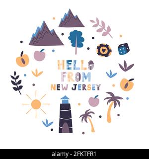Illustrated map of the state of New Jersey in United States with cities and landmarks. Editable vector illustration Stock Vector