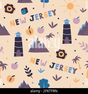 USA collection. Vector illustration of New Jersey theme. State Symbols - seamless pattern Stock Vector
