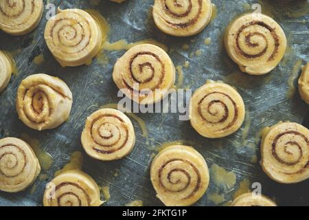 Blanks for baking cinnamon rolls on baking sheet with parchment paper Stock Photo