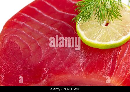 fresh yellowfin sliced tuna steak texture. bluefin tuna medallions Stock Photo