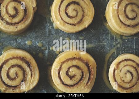 Blanks for baking cinnamon rolls on baking sheet with parchment paper Stock Photo