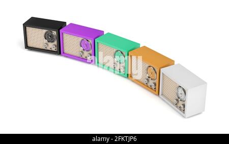 Group of multicolor radios with retro design on white background Stock Photo