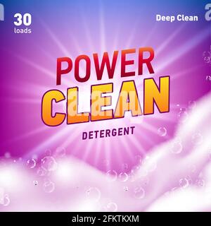 Detergent package design template with lens flare and realistic soap foam. Stock Vector