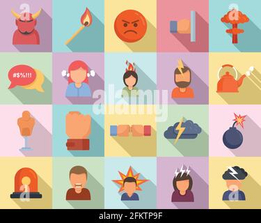 Rage icons set, flat style Stock Vector