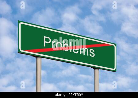 Problems Crossed Out Concept, Green Signpost Road Sign, White Text Frame, Red Stripe, Grey Pole Posts Blue Sky Bright Cloudscape Clouds Large Detailed Stock Photo