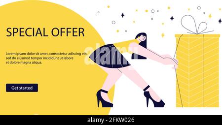 Landing webpage template of advertising of giving present and Giveaway for promo in social network. Winner with gift surprise on yellow background. Fl Stock Vector