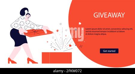 Landing webpage template of advertising of giving present and Giveaway for promo in social network. Winners with gifts surprise on red background. Fla Stock Vector