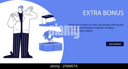 Landing webpage template of advertising of giving present and Giveaway for promo in social network. Winner with gift surprise on blue background. Flat Stock Vector