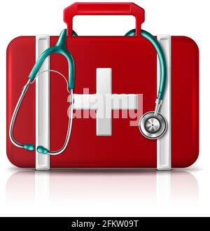 Vector first aid help bag with stethoscope, isolated on white background. Stock Vector