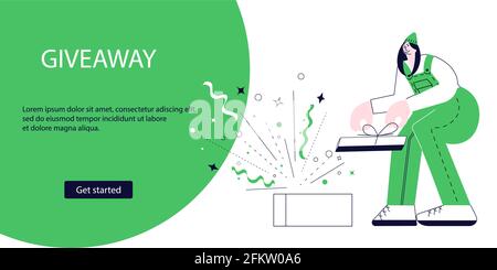 Landing webpage template of advertising of giving present and Giveaway for promo in social network. Winners with gifts surprise on green background. F Stock Vector