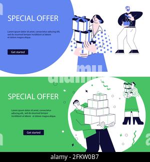 Landing webpage template of advertising of giving present and Giveaway for promo in social network. Winners with gifts surprise on green background. F Stock Vector