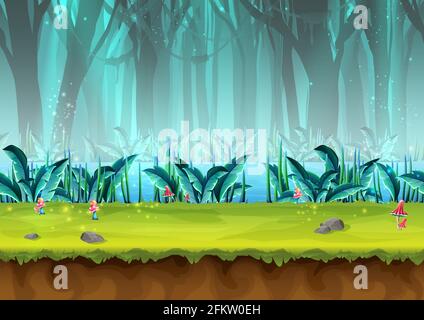 cartoon style seamless mystery rain forest illustration for game design, app, websites. Stock Vector