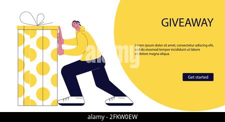 Landing webpage template of advertising of giving present and Giveaway for promo in social network. Winner with gift surprise on yellow background. Fl Stock Vector