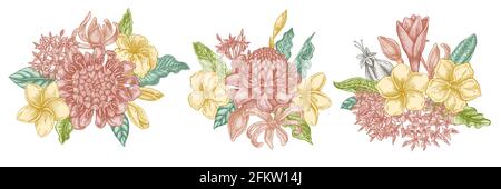 Flower bouquet of pastel plumeria, allamanda, clerodendrum, champak, etlingera, ixora Stock Vector