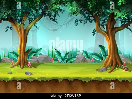 cartoon style seamless mystery rain forest with trees and mushrooms, illustration for game design, app, websites. Stock Vector