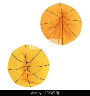 Two orange soft leather armchairs in the shape of a basketball against white background. top view. 3d rendering Stock Photo