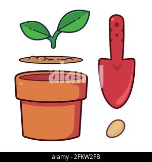 Set of cute objects about the garden, starter plants grow kit for planting the seed. Planting trees. Stock Vector