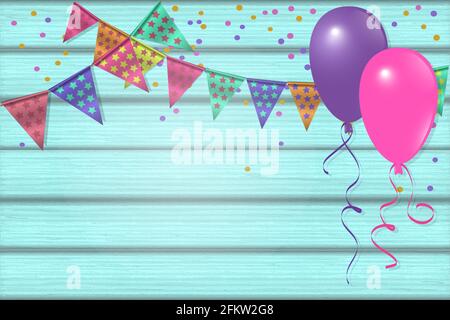 Background for congratulations. Wooden painted boards, balloons, holiday flags, confetti. Vector illustration. Stock Vector