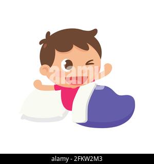 A boy wakes up on the bed at night in vector flat illustration style. Get up. Stock Vector