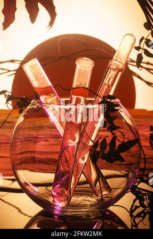 Cosmetic ingredients in test tubes. Gel and oil in test tubes on a decorative desert landscape. Stock Photo