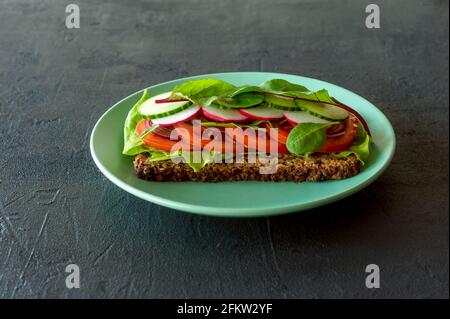 Homemade vegan and vegetarian sandwiches with tomato, lattuce radish, cucumber and spring onions. Healthy breakfast. Stock Photo