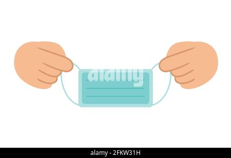 Hands holding a face mask in vector flat illustration style. Protect the body from viruses, bacteria, disease, and coronavirus or Covid-19. Hygienic. Stock Vector