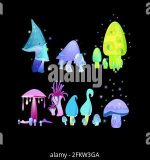 A set of fantastic fairy mushrooms isolated on a black background. Vector illustration, divided into different layers. Stock Vector