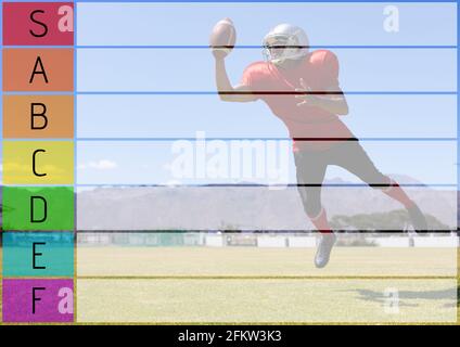 Composition of coloured tier list and grid over american football player in action catching ball Stock Photo