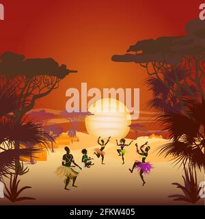 African sunset with dancing natives in ethnic costumes, the setting sun, palm trees and Savannah. Vector illustration. Stock Vector