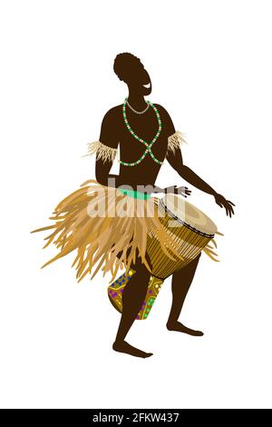 an African man in a national costume plays an ethnic drum, djembe. Vector illustration in flat style isolated on a white background. Stock Vector