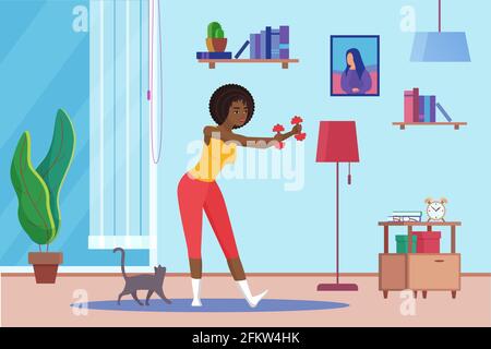 Girl training with dumbbells, fitness sport workout at home, daily exercise routine Stock Vector
