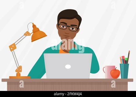 People think, work study questions, thoughtful young man working on laptop at workplace Stock Vector