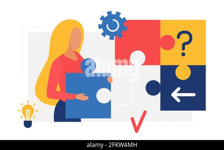 Girl holding puzzle jigsaw, creative innovation new idea of woman putting puzzle pieces Stock Vector