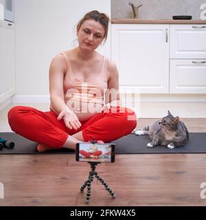 A pregnant woman is engaged in fitness in the home kitchen and conducts classes via the Internet from a mobile phone Stock Photo