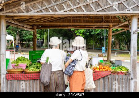 Asian Thai buyer choose Organic vegetable with Seller before buy it. This is creative fresh market in Chiang Mai Province, Thailand. Stock Photo