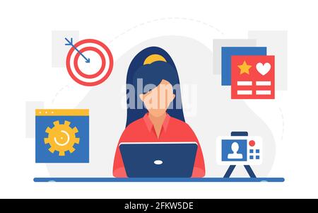 Target marketing in social media concept, woman blogger sitting with laptop and blogging Stock Vector